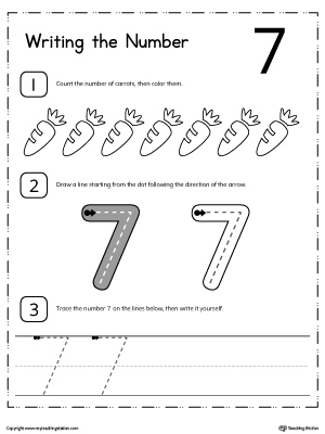 Learn how to count and write number 7 with these printable activity worksheets for preschool and kindergarten.