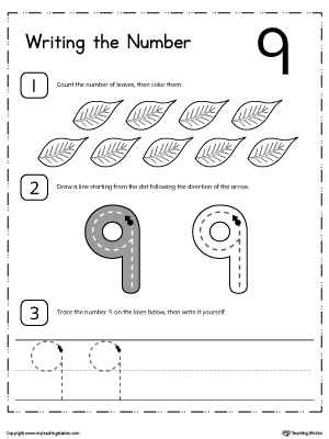 Learn how to count and write number 9 with these printable activity worksheets for preschool and kindergarten.