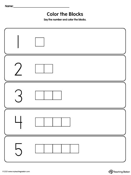 Color number blocks 1 through 5 printable worksheet for kids.