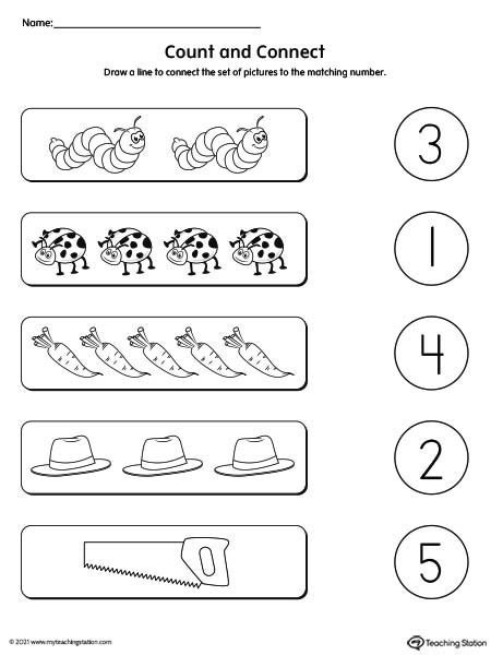 Count pictures and match to correct number worksheet for preschoolers.
