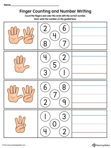 Counting the fingers and writing the number worksheet for pre-k students. Available in color.