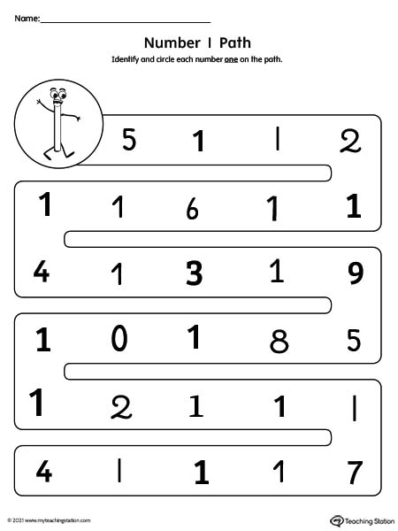 Number recognition worksheet with different variations of the number one.