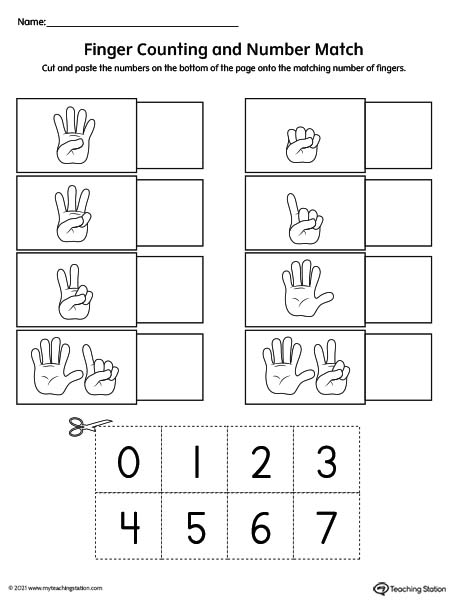 Finger counting number match printable worksheet for preschool. Kids cut and paste the correct number by counting the fingers in each hand picture.
