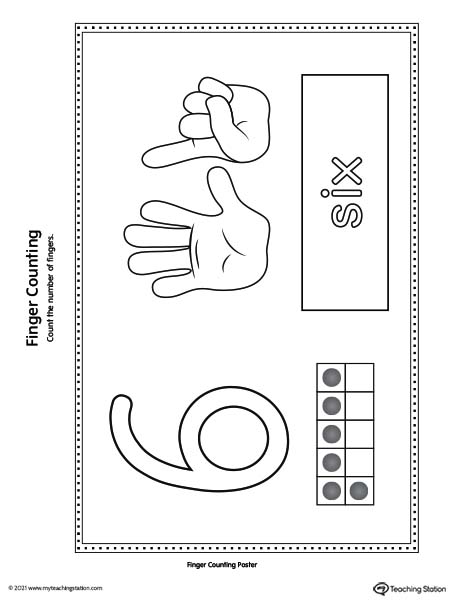Finger counting number poster cards printable. Numbers 1 through 10 printable posters. Featured number 6.