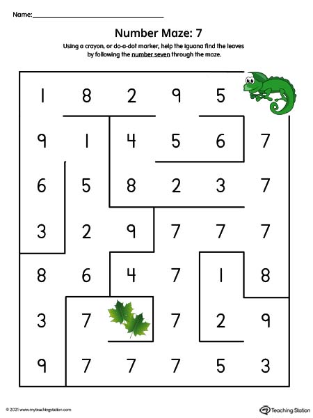 Number seven maze printable activity for preschool kids. Available in color.