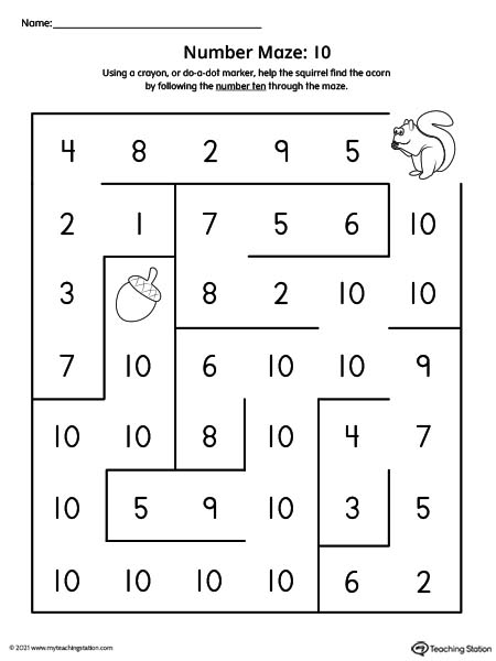 Number ten maze printable activity for preschool kids.