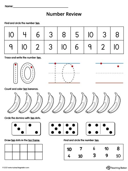 Practice number formation, tracing, counting, ten-frame number recognition, and number variation in this action-packed number 10 review worksheet. Available in color.