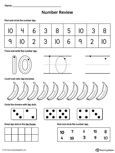 Practice number formation, tracing, counting, ten-frame number recognition, and number variation in this action-packed number 10 review worksheet.