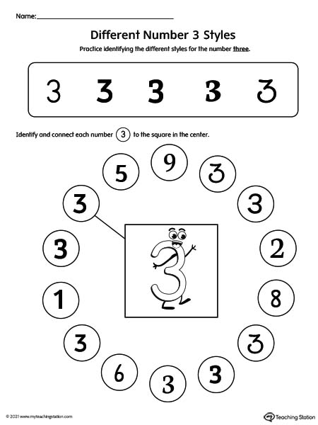 Help kids identity possible styles of the number three by understanding how numbers can have different variations.