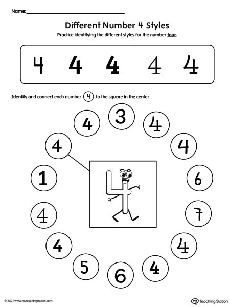 Help kids identity possible styles of the number four by understanding how numbers can have different variations.