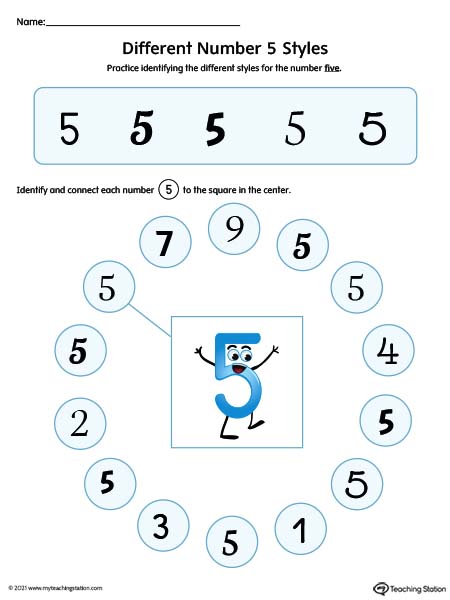 Help kids identity possible styles of the number five by understanding how numbers can have different variations. Available in color.