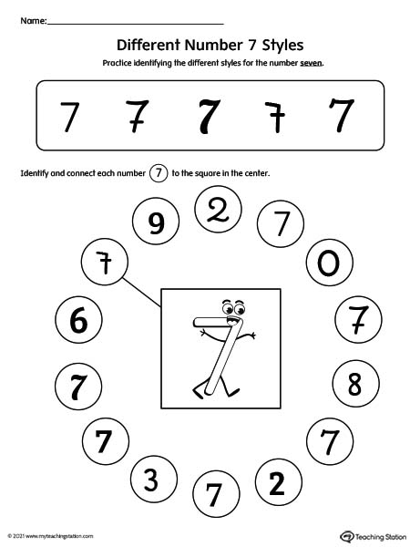 Help kids identity possible styles of the number seven by understanding how numbers can have different variations.