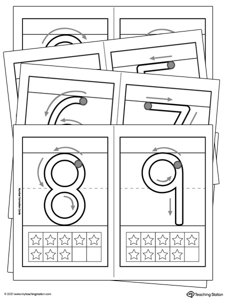 Printable number formation cards featuring ten frame representation. Preschool and kindergarten teaching resources.