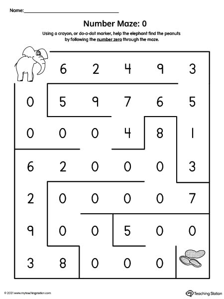 Number maze printable worksheet for kids. Featuring number zero.