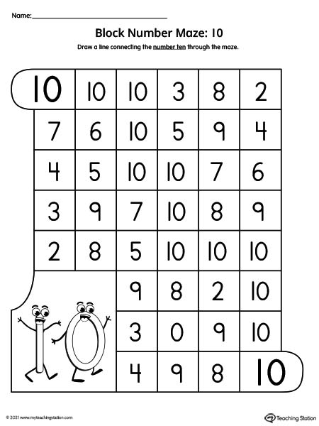 Help preschoolers practice number recognition with this number maze worksheet. Featuring number ten.