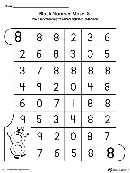 Help kids practice number recognition with this number maze worksheet. Featuring number eight.