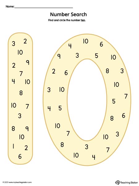 Search the number ten in this printable worksheet to help practice number recognition. Available in color.