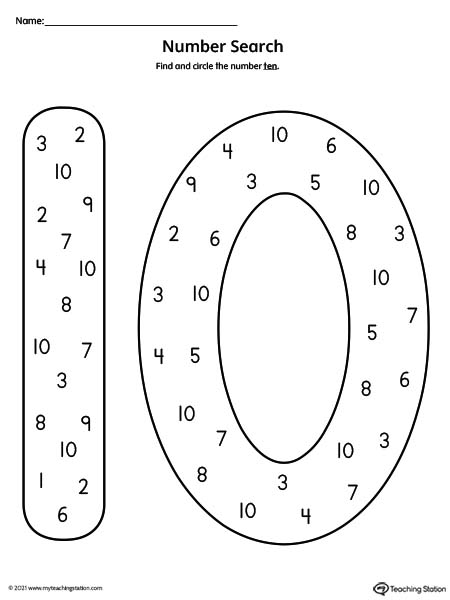 Search the number ten in this printable worksheet to help practice number recognition.