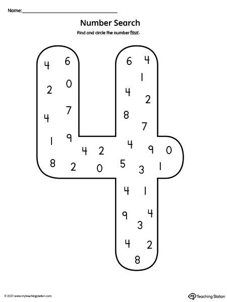Search the number four in this printable worksheet to help practice number recognition.