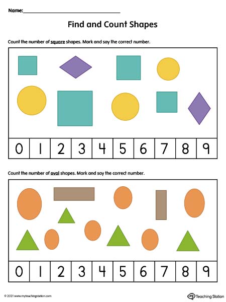 Practice identifying shapes and numbers in this printable worksheet. Available in color.