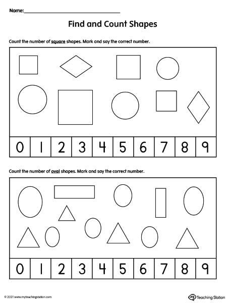 Practice identifying shapes and numbers in this printable worksheet.