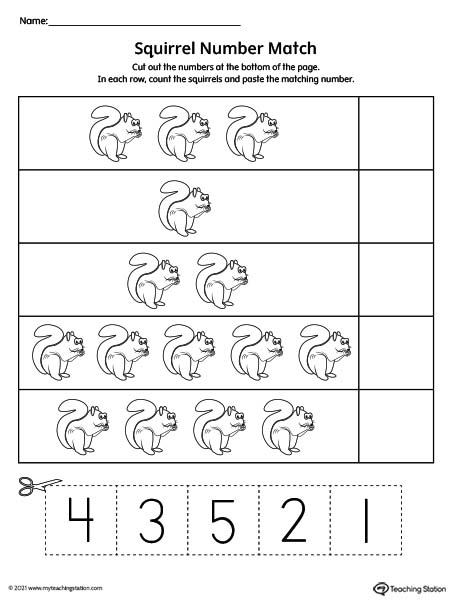 Picture number match cut and paste printable worksheet. Featuring numbers 1-5.