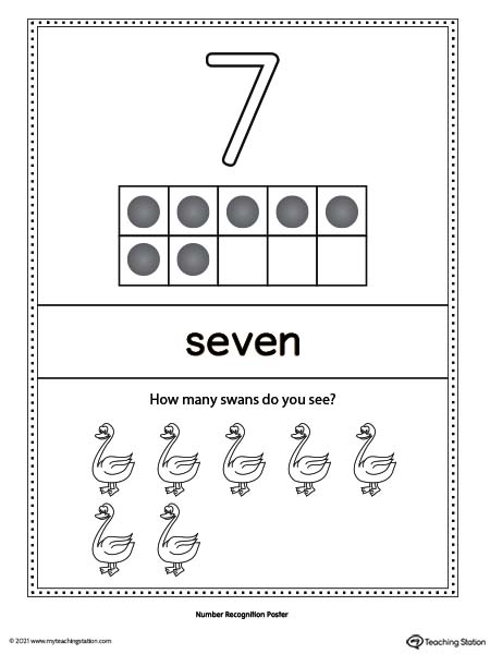 Large number seven poster with ten-frame. Each poster has a different representation for the number, number word, and ten frame illustration.