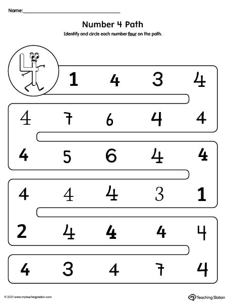 Identify the different styles of the number 4 with this printable worksheet.
