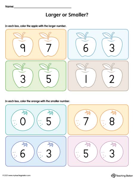 Smaller and larger number worksheet for preschool. Available in color.