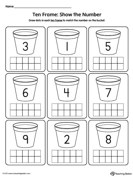 Ten frame printable worksheet using numbers 1-10. Preschool and Kindergarten math.
