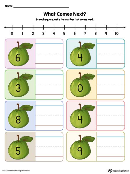 Number sequence preschool printable worksheets. Identifying number sequence 1 through 11. Available in color.