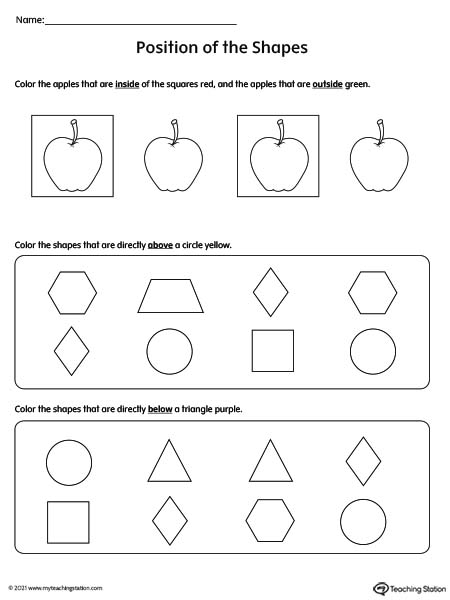 Simple positional words worksheet. Words included: inside, above, and below.