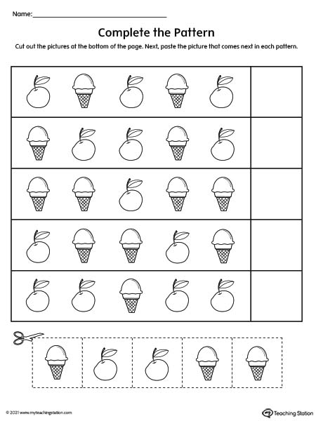 Printable cut and paste pattern worksheet for kids.