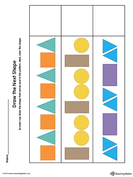 Pre-K shape pattern printable worksheet for kids. Available in color.
