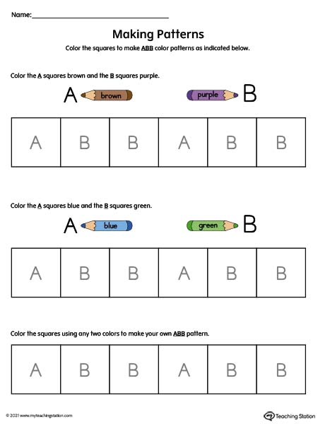 Simple Pattern Worksheet: Letters and Squares (Color)