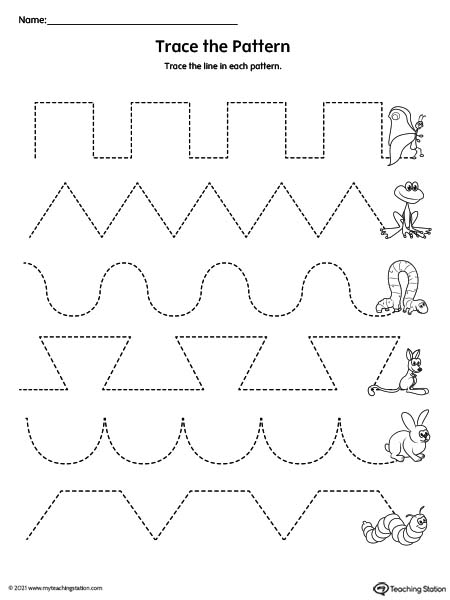 Preschool tracing patterns in this printable worksheet.
