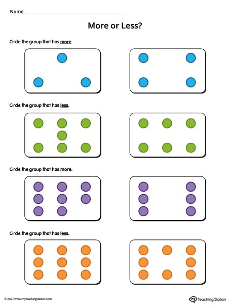 More or less worksheets for kindergarten. Available in color.