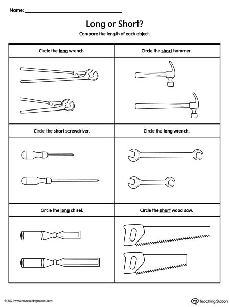 Comparing the length of objects - long or short worksheets for kids.