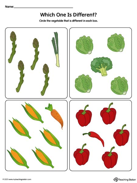 Find the vegetable that is different from the others in this preschool printable worksheet.