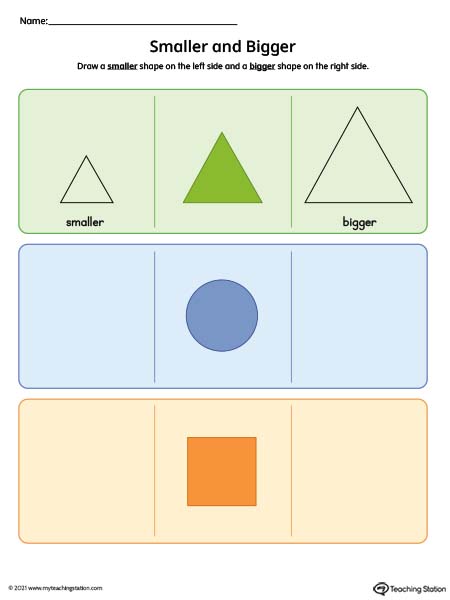 Practice drawing shapes while learning the concept of "smaller" and "bigger" in this printable worksheet. Available in color.