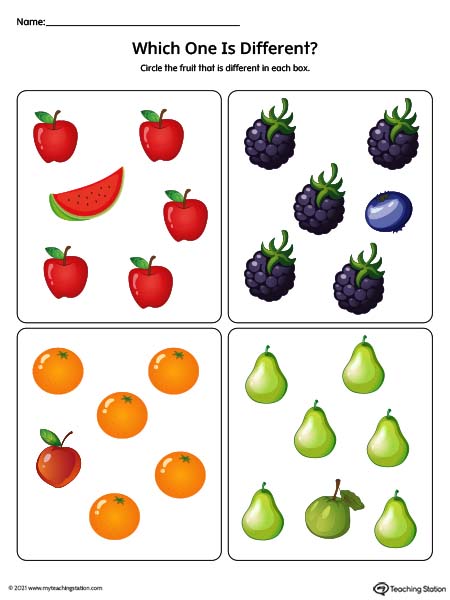 Which fruit is different in the group? Help preschoolers learn the concept of different vs same in this preschool math worksheet.