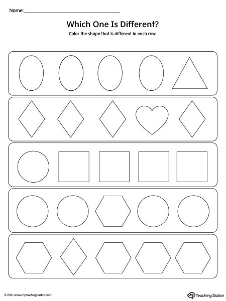 Comparing geometric shapes to practice the concept of different and the same in this preschool worksheet.